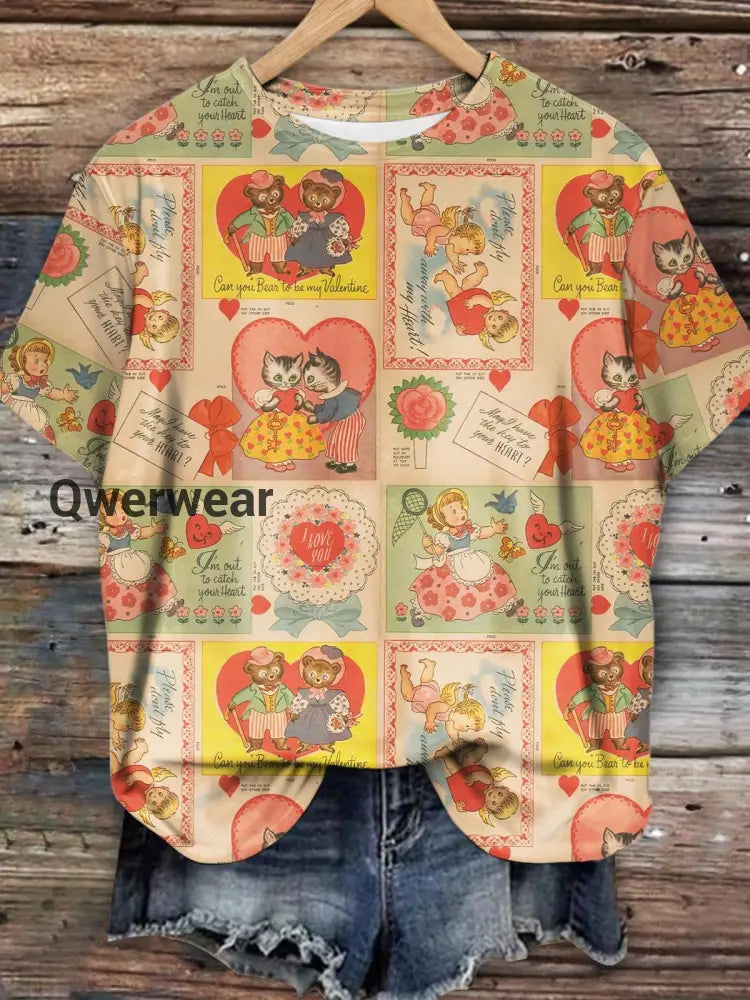 Women’s Cute Cat Bear Angel Greeting Card Retro Print T-shirt Mixed Color / S Women\’s Tops