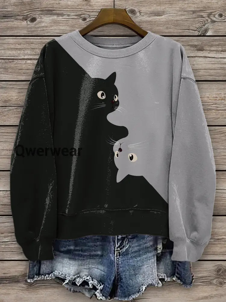 Women’s Cute Cat Contrast Print Long Sleeve Top Mixed Color / S Women\’s Tops