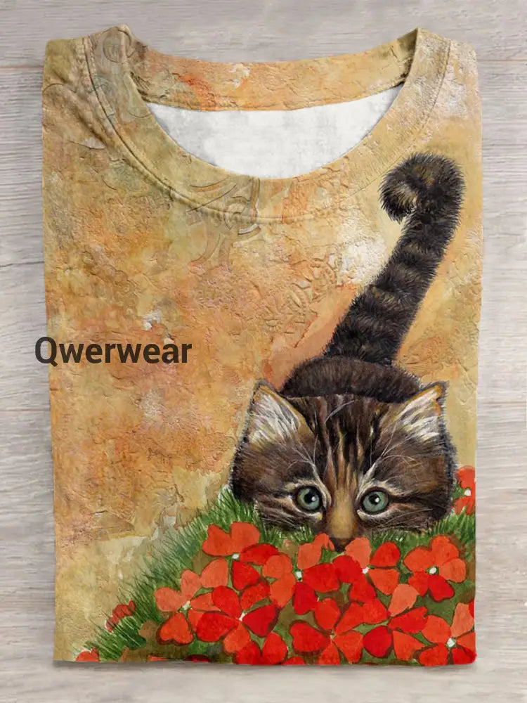 Women’s Cute Cat Floral Pattern Casual Round Neck Short Sleeve T-Shirt Khaki / S