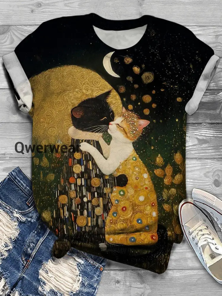 Women’s Cute Cat Imitation Painting Print Casual T-shirt Mixed Color / S Women\’s Tops