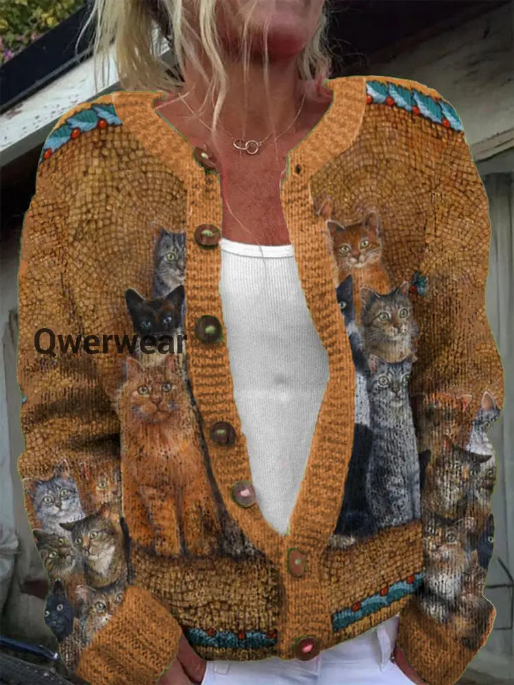 Women’s Cute Cat Pattern Knitted Casual Warm Button Cardigan Earthy Yellow / S