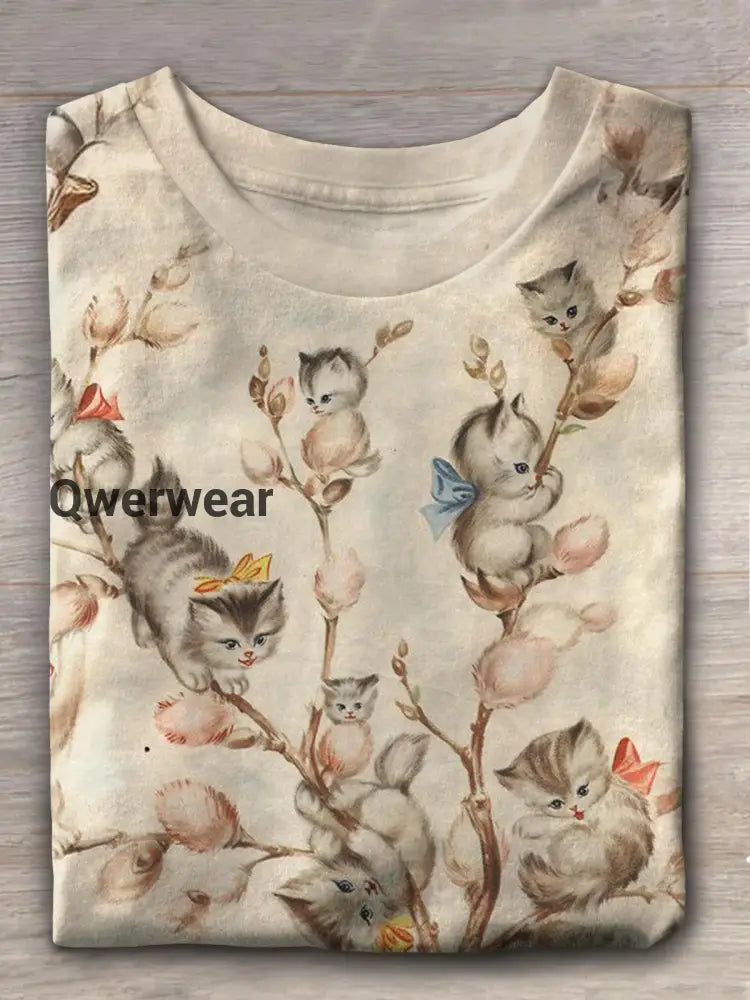 Women’s Cute Cat Tree Bow Vintage Print T-shirt Mixed Color / S Women\’s Tops