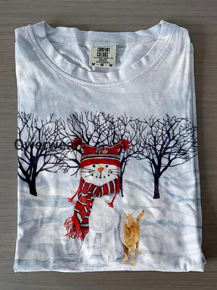 Women’s Cute Snowman And Cat Christmas Crew Neck T-shirt Mixed Color / S Women\’s Tops