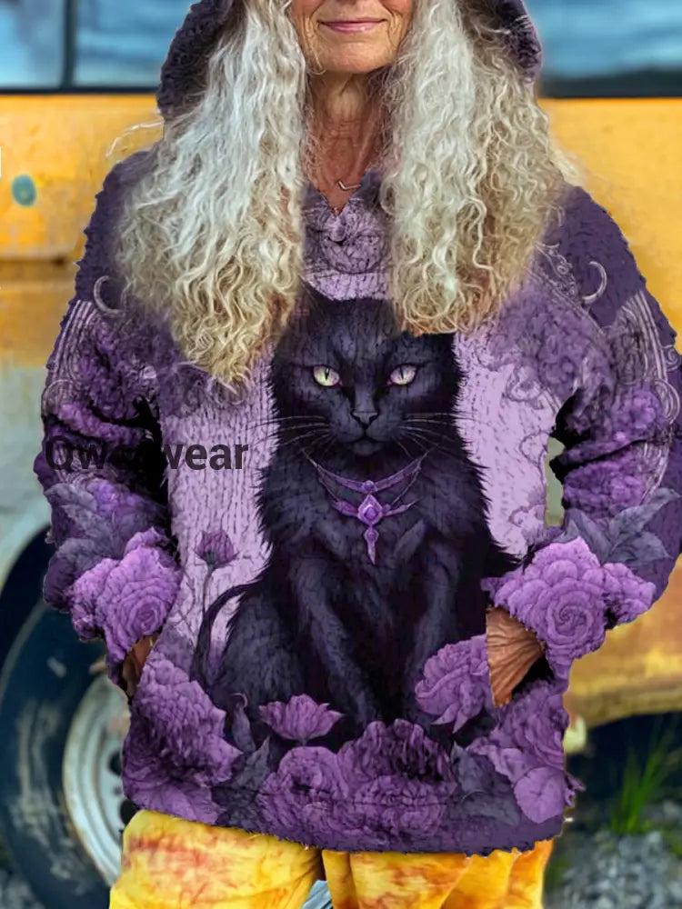 Women’s Dark Magic Black Cat Graphic Hooded Pocket Fleece Sweatshirt Purple / S