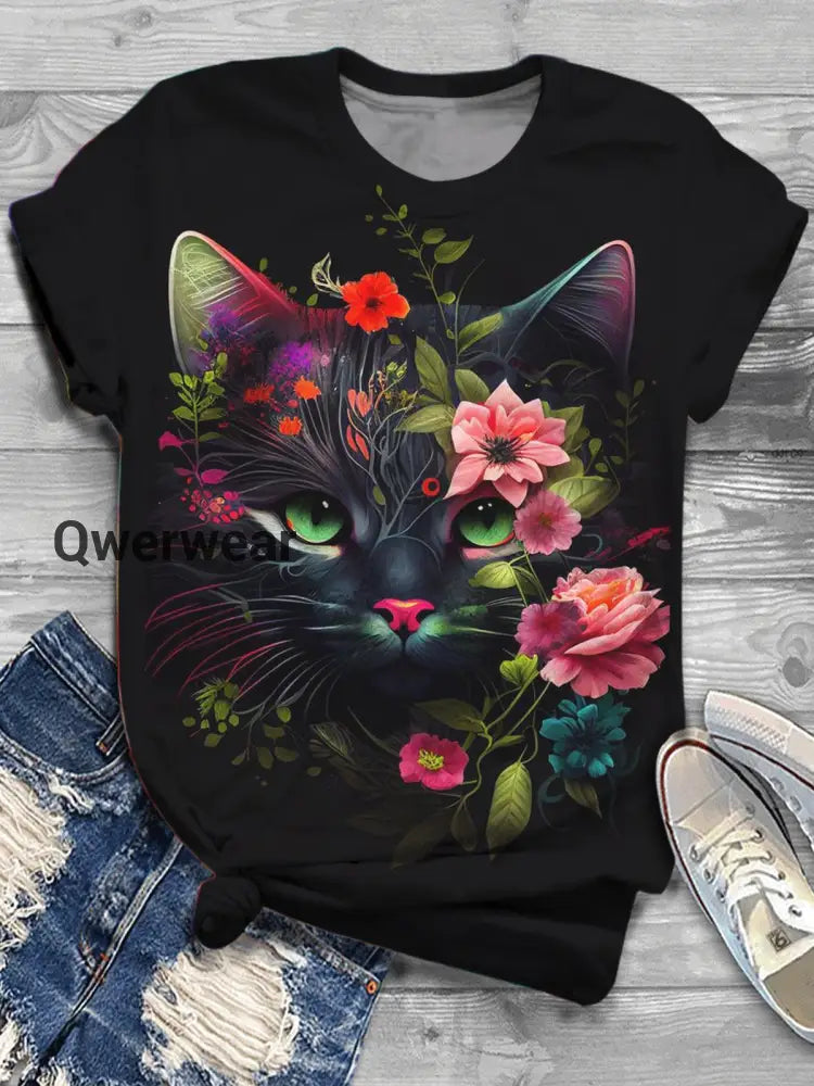 Women’s Floral Cat Print Crew Neck Short Sleeve T-Shirt Mixed Color / S Halloween