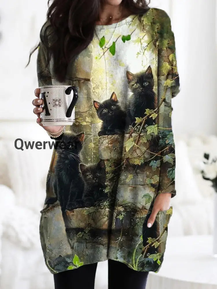 Women’s Four Cats Plant Pattern Casual Pocket Crew Neck Long Sleeve T-shirt Green / S
