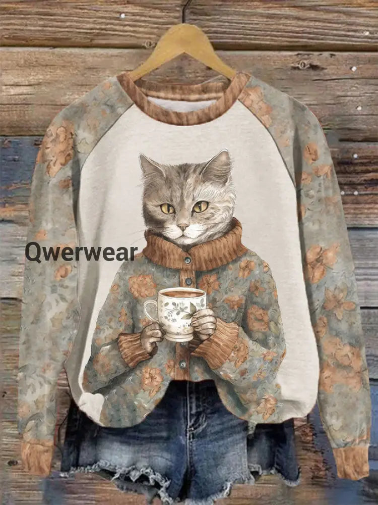 Women’s Funny Cute Floral Cat Long Sleeve Casual Top Mixed Color / S Women\’s Tops