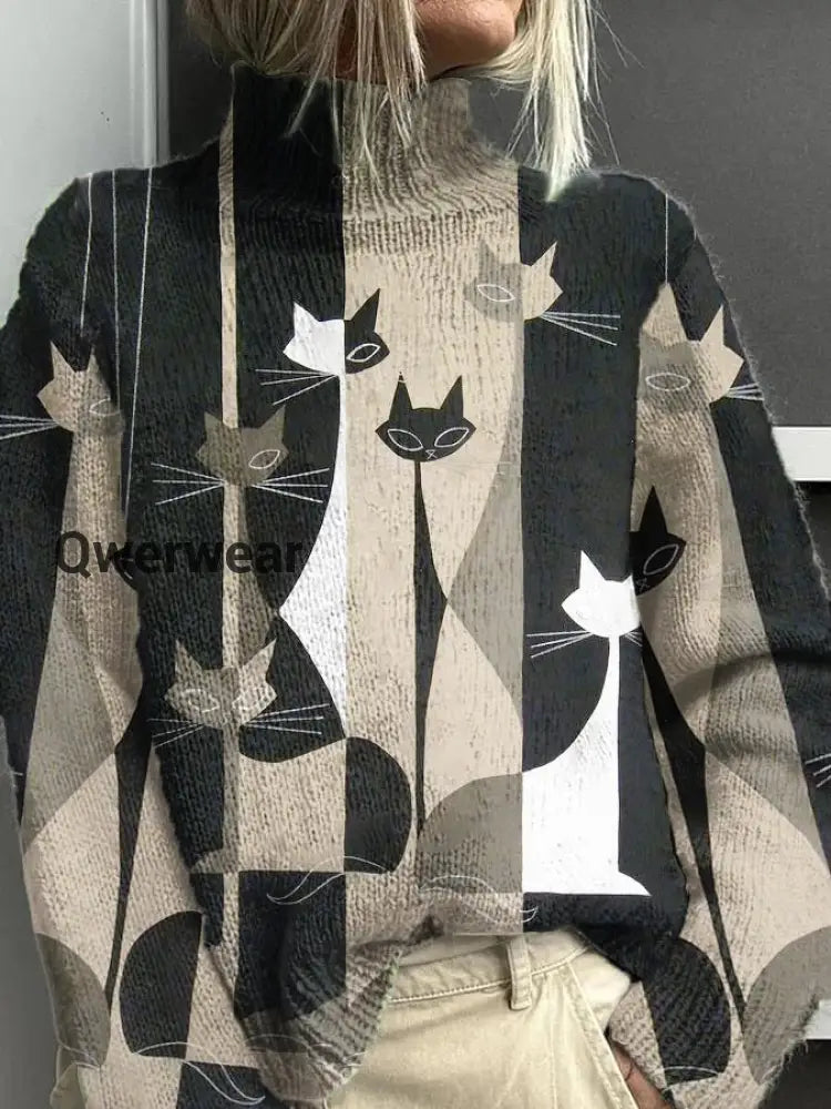 Women’s Geometric Cat Pattern Casual Warm Turtleneck Sweater Black / S