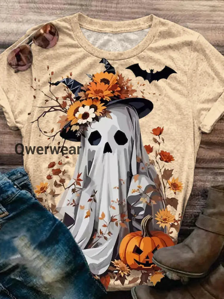 Women’s Halloween Witch Hat Ghost Print Casual T-Shirt As Picture / S