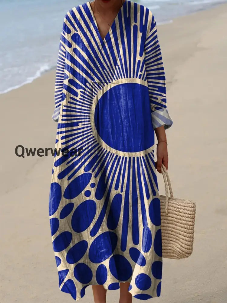 Women’s Irregular Geometric Art Print Cotton And Linen Dress Blue / S