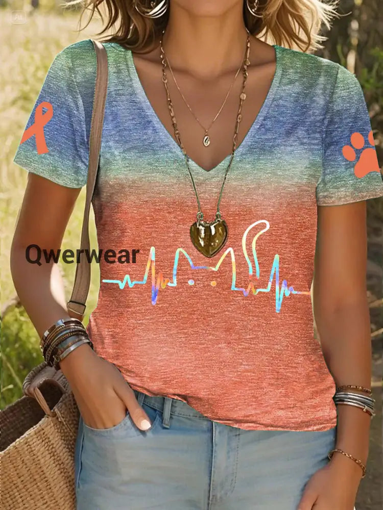 Women’s Prevention of Cruelty to Animals Month Cat V Neck T-Shirt As picture / S