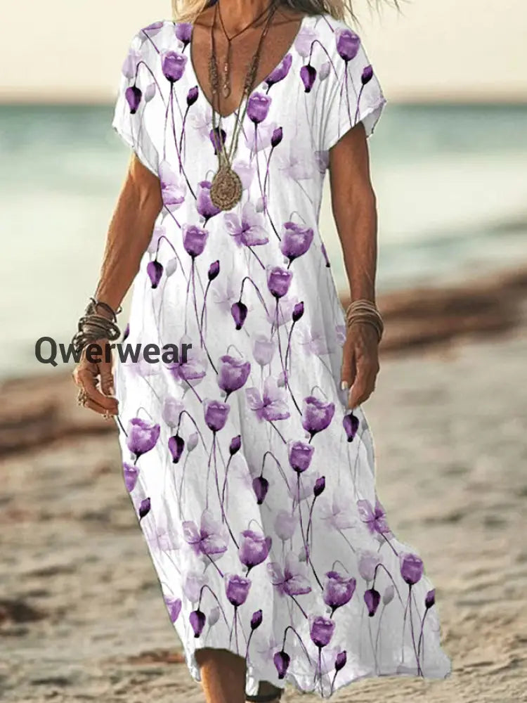 Women’s Purple Floral Print Alzheimer’s Awareness Support V-Neck Dress