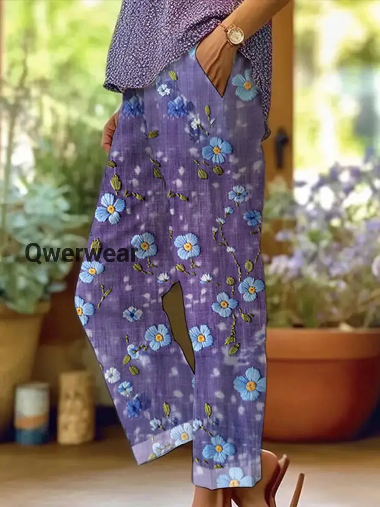 Women’s Purple Forget-Me-Not Floral Print Alzheimer’s Awareness Support Pants