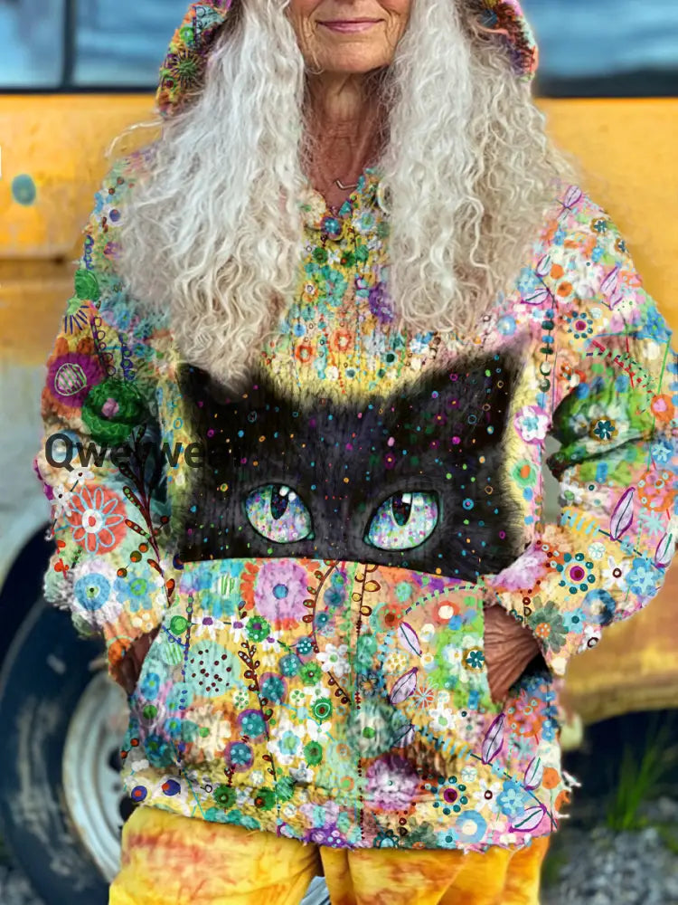 Women’s Retro Ethnic Cat Pattern Hippie Hooded Pocket Fleece Sweatshirt Green / S