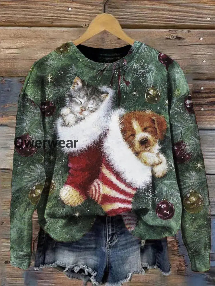 Women’s Socks Cute Cat and Puppy Pattern Casual Round Neck Long Sleeve Sweatshirt