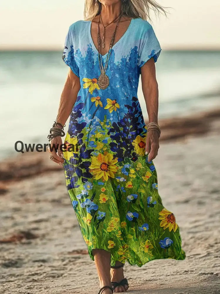 Women’s Summer Seaside Vacation Style V-Neck Gradient Printed Short Sleeve Cotton Linen Dresses-DR-F-156 Blue / S