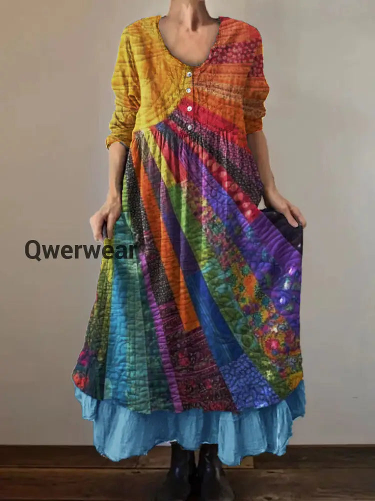 Women’s sunart Print Cotton and Linen Double Layer Dress Colorful / S