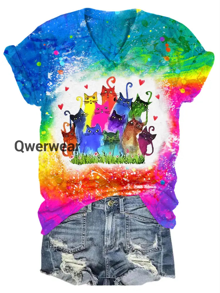 Women’s Tie Dye Funny Cat Print V-Neck T-Shirt Single color / S Halloween