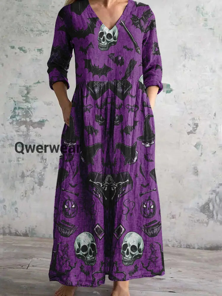Women’s V-Neck Witch Art Print Pocket Dress Purple / S