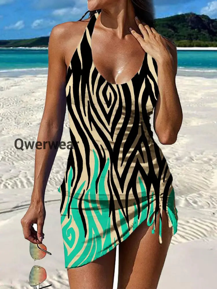 Women’s Vintage Art Print Pleated V-Neck Casual Swimsuit A / S