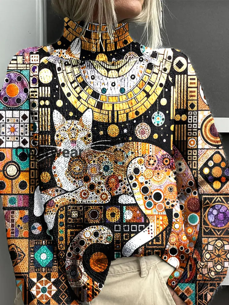 Women’s Vintage Cat Art Print Knitted Turtleneck Sweater Black-Brown / S