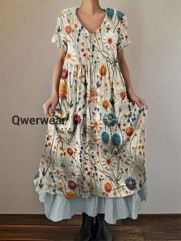 Women’s Vintage Embroidery Stereoscopic Printed Short Sleeve V-Neck Double Layer Dresses