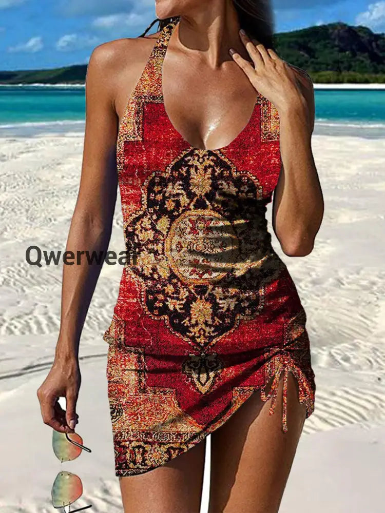 Women’s Vintage Ethnic art Print Pleated V-Neck Casual Swimsuit A / S