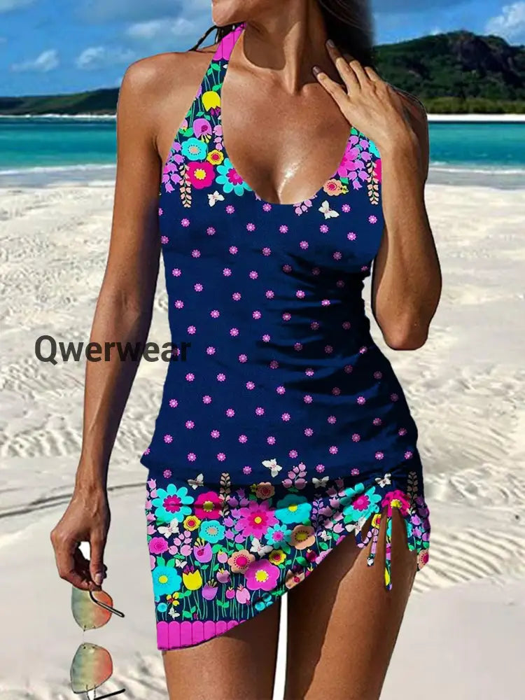 Women’s Vintage Ethnic Floral Print Pleated Swimsuit Set