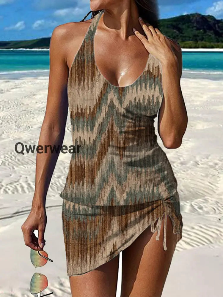 Women’s Vintage Ethnic Floral Print Pleated Swimsuit Set