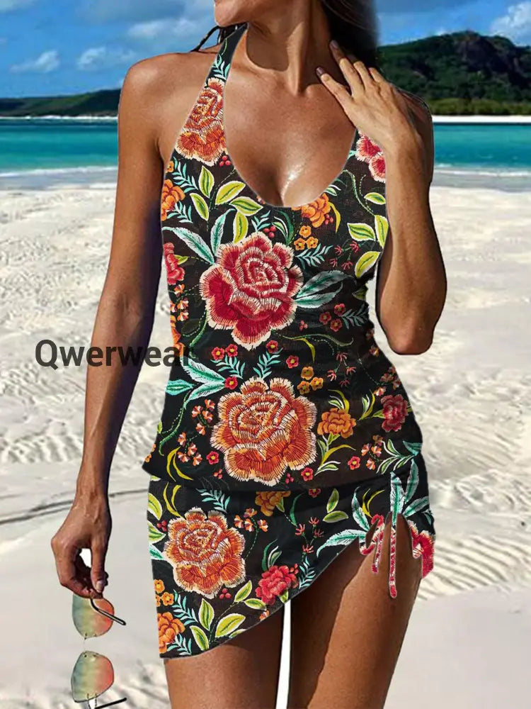 Women’s Vintage Ethnic Floral Print Pleated Swimsuit Set