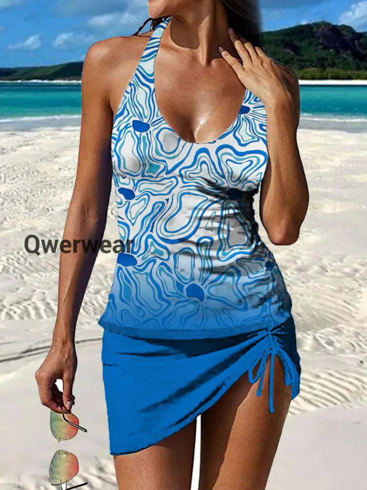 Women’s Vintage Ethnic Floral Print Pleated Swimsuit Set