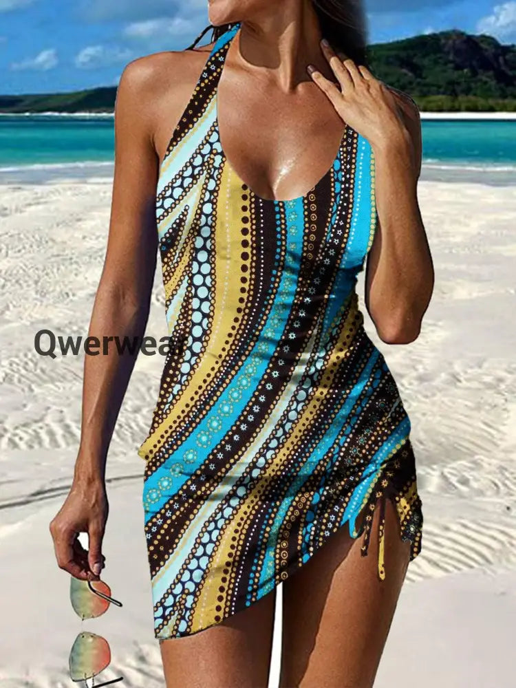 Women’s Vintage Ethnic Floral Print Pleated Swimsuit Set
