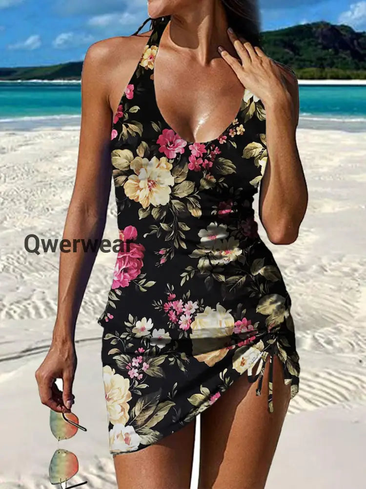 Women’s Vintage Ethnic Floral Print Pleated Swimsuit Set