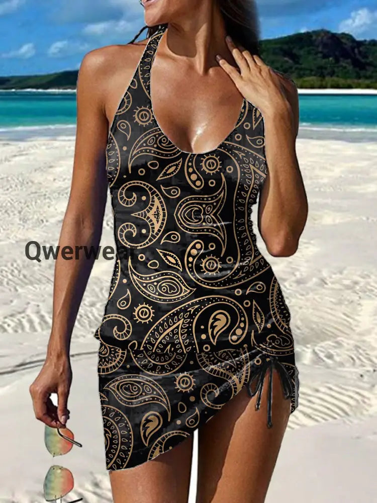 Women’s Vintage Ethnic Floral Print Pleated Swimsuit Set