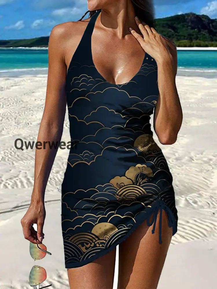 Women’s Vintage Ethnic Floral Print Pleated Swimsuit Set