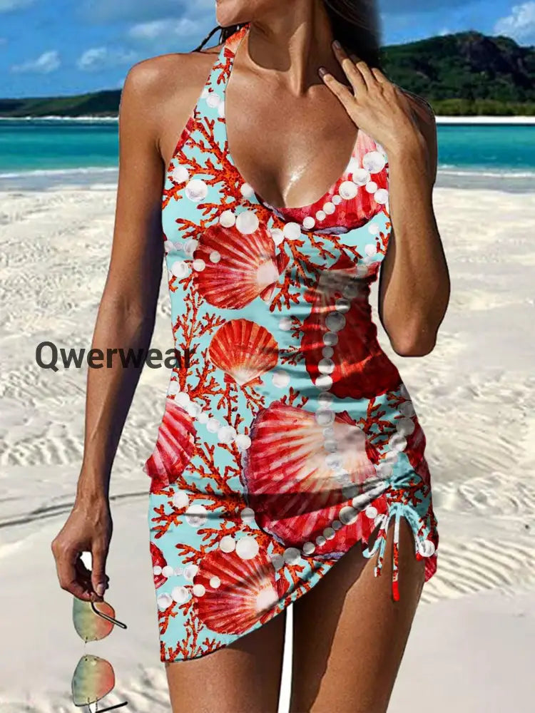 Women’s Vintage Ethnic Floral Print Pleated Swimsuit Set