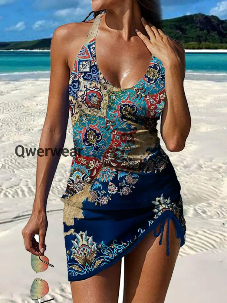 Women’s Vintage Ethnic Floral Print Pleated Swimsuit Set