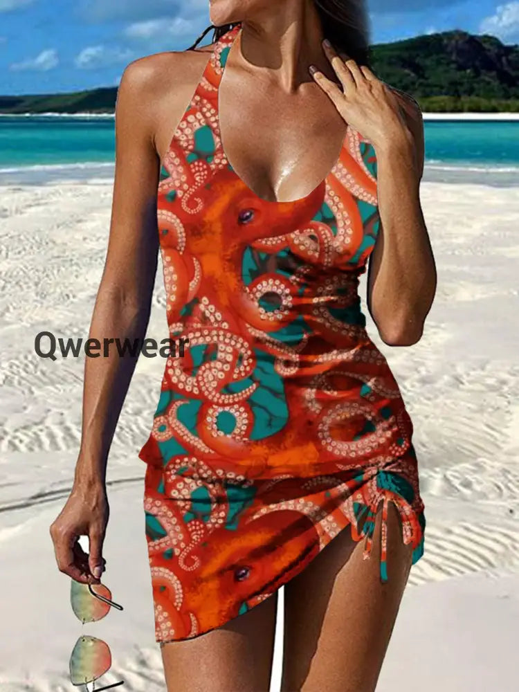 Women’s Vintage Ethnic Floral Print Pleated Swimsuit Set