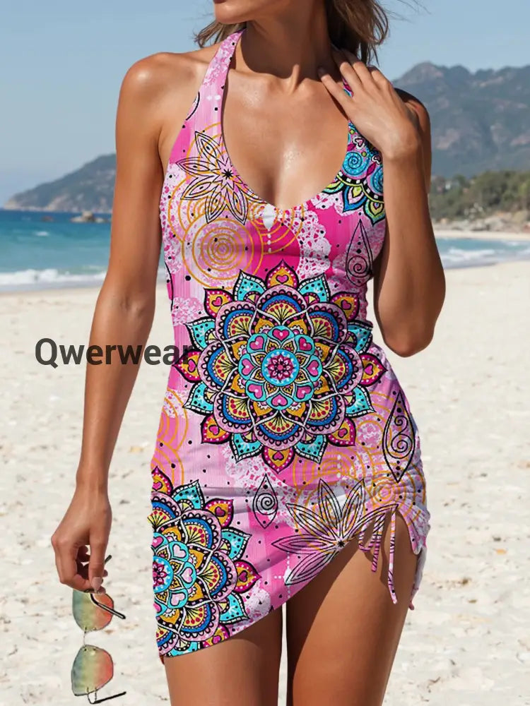 Women’s Vintage Ethnic Floral Print Pleated Swimsuit Set