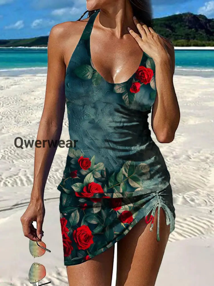 Women’s Vintage Floral Print Pleated V-Neck Casual Swimsuit A / S