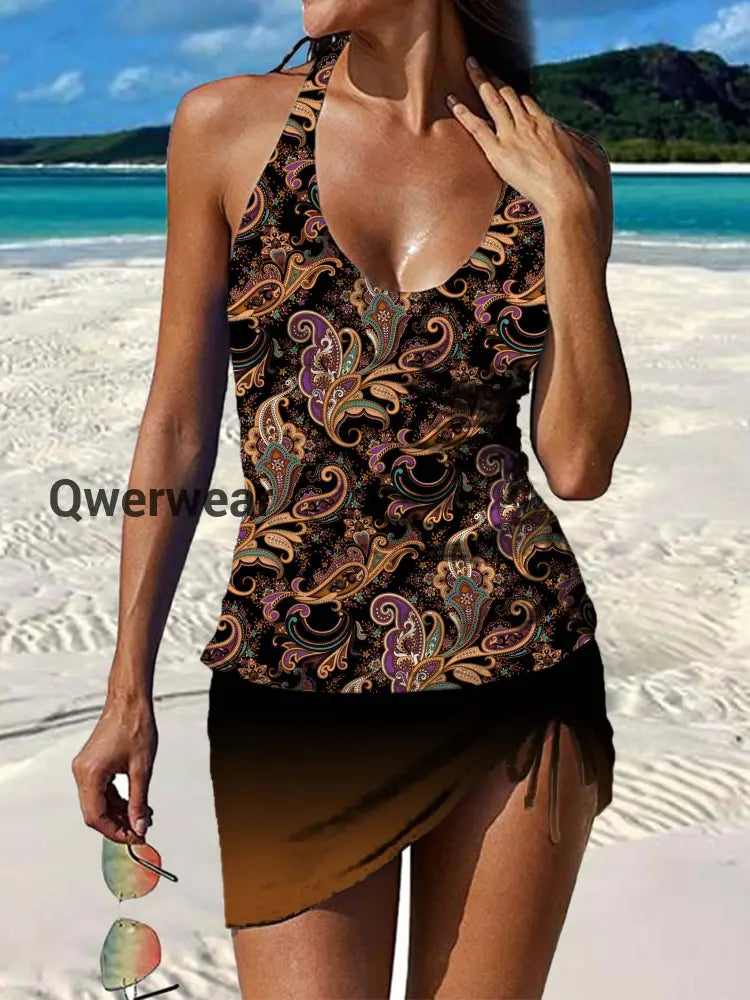 Women’s Vintage Floral Print Pleated V-Neck Casual Swimsuit A / S