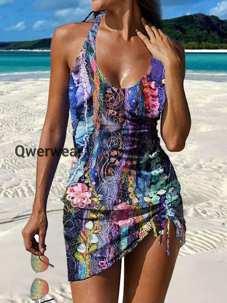 Women’s Vintage Floral Print Pleated V-Neck Casual Swimsuit A / S