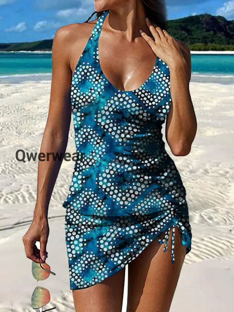 Women’s Vintage Geometric Art Print Pleated V-Neck Casual Swimsuit A / S