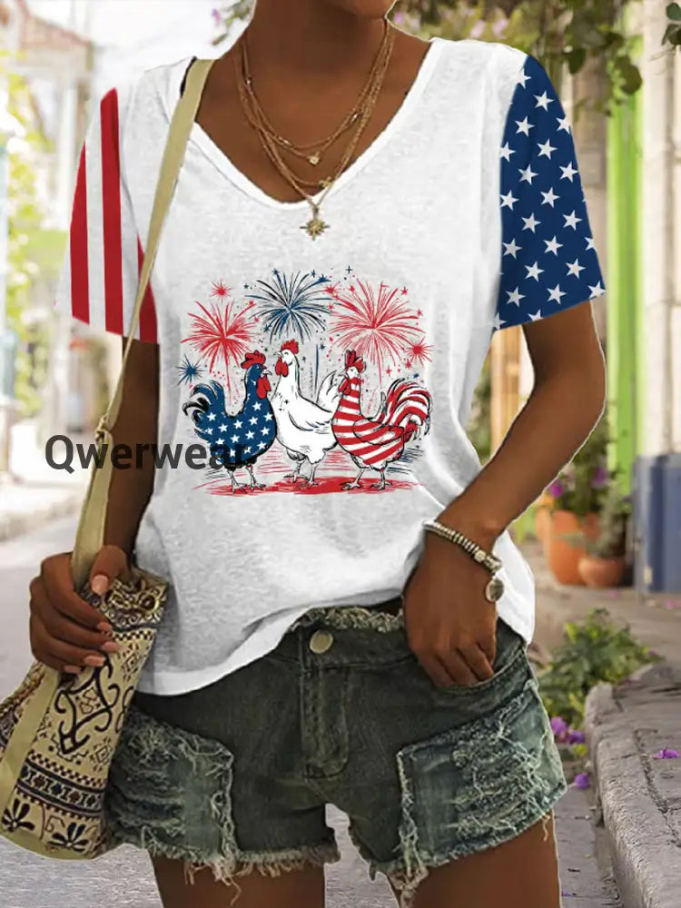Women’s Vintage Independence Day Chick Art Print Casual T-Shirt A / S