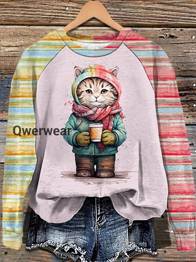 Women’s Winter Coffee Cat Print Long Sleeve Casual Top Mixed Color / S Women\’s Tops