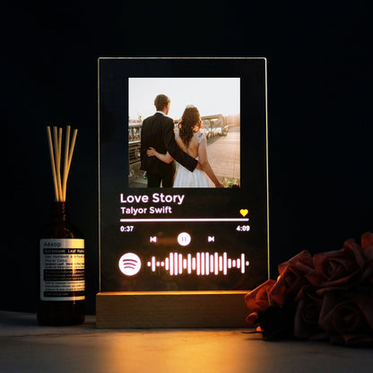 Personalized Music Code Acrylic Night Light with UV Printed Photo and Engraved Wooden Base