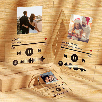 Personalized Music Code Acrylic Night Light with UV Printed Photo and Engraved Wooden Base