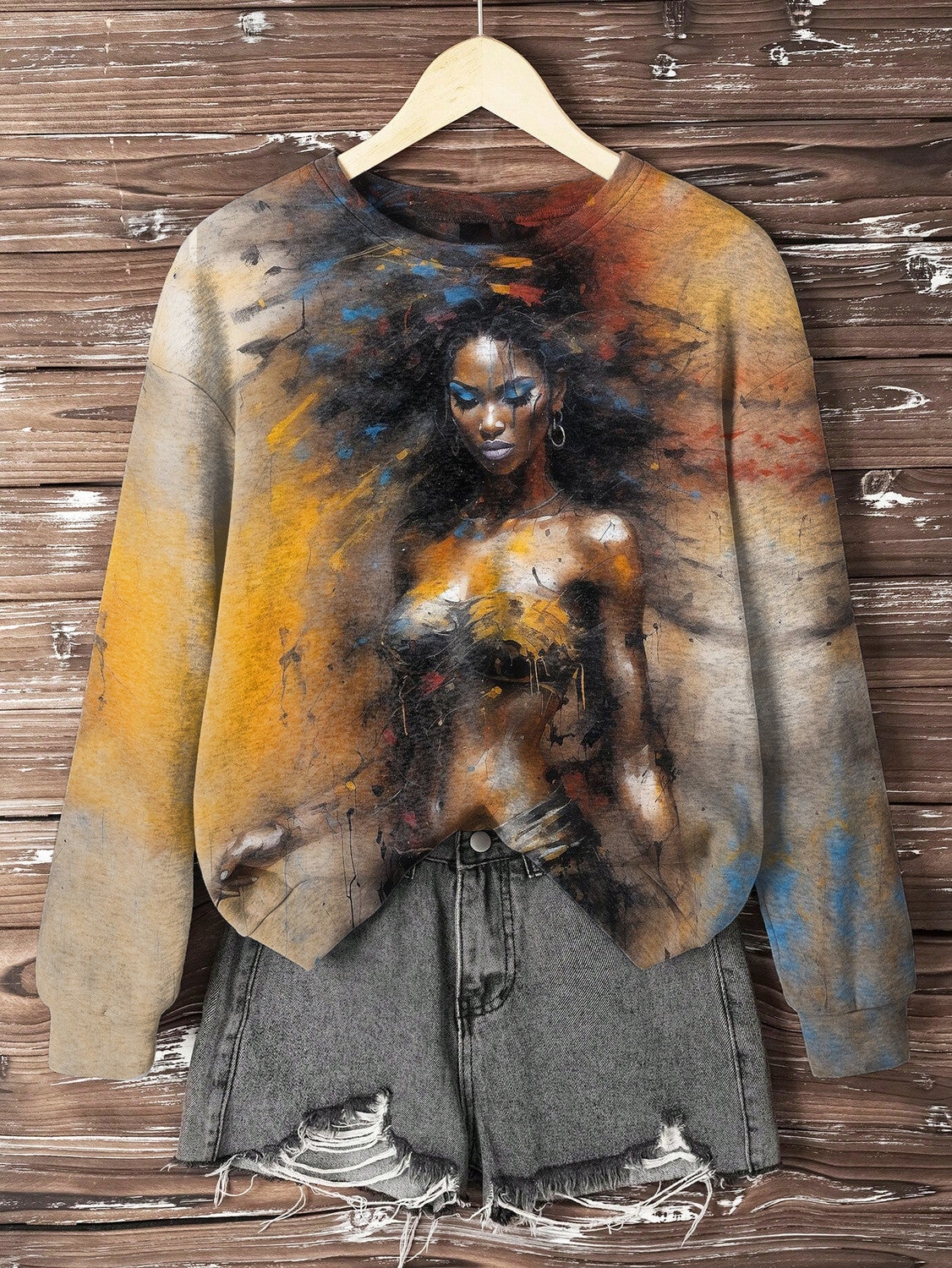 Women's Retro Black Woman Splash-Ink Art Print Casual Sweatshirt