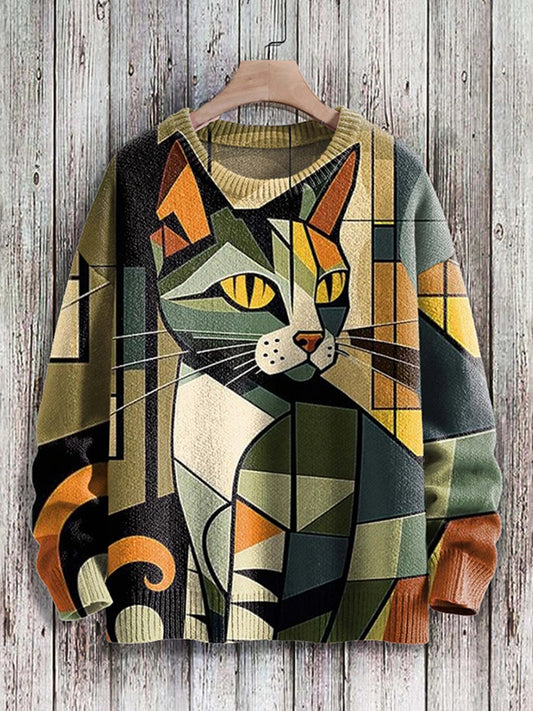 Cute Geometric Abstract Cat Art Pattern Printed Casual Knitted Pullover Sweater