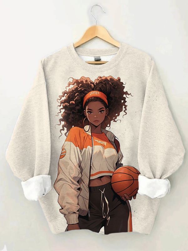 Women's Afro Black Girl Holding A Basketball Art Print Casual Sweatshirt